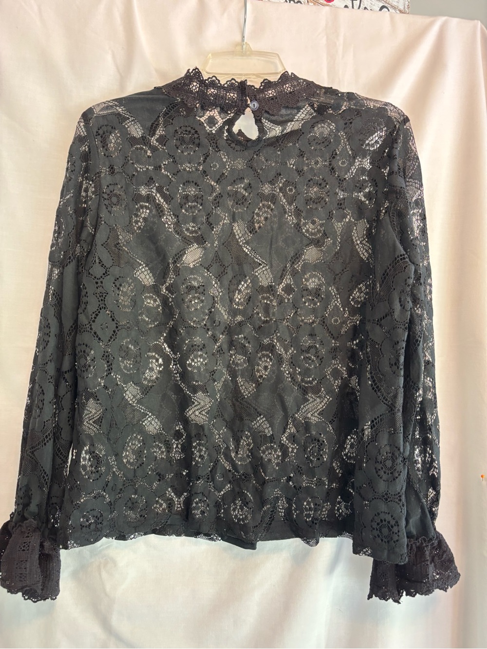 Women's Black Lace Long-Sleeve Blouse with High Neck